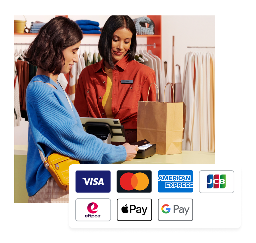 A customer makes a payment by tapping their credit card on POS Go. Above the image appear the logos for the following accepted payment types: VISA, MasterCard, American Express, JCB, eftpos, Apple Pay, and Google Pay.