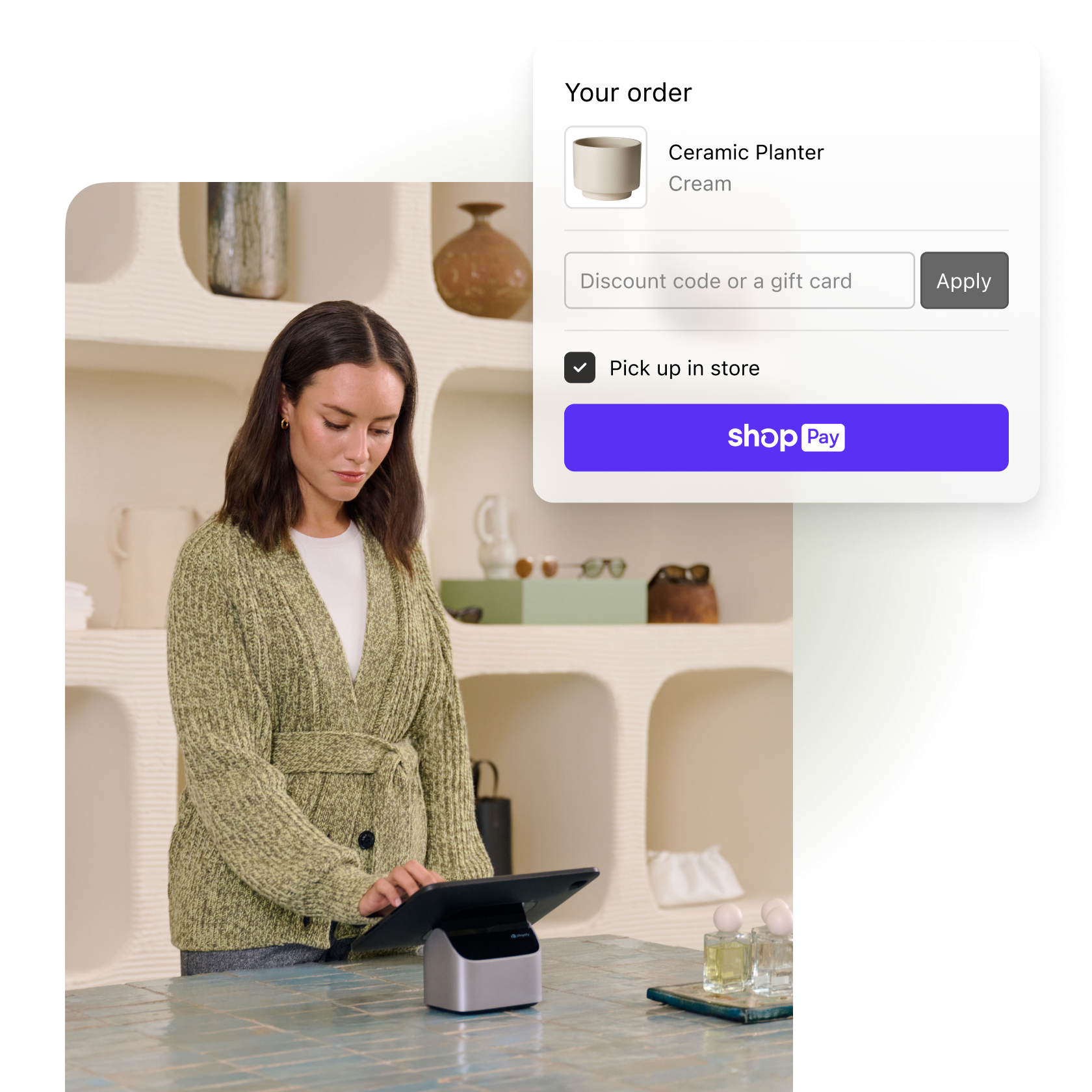 A collage of images, showing a woman using Shopify POS, and an image of a ceramic planter in the Shop Pay checkout flow