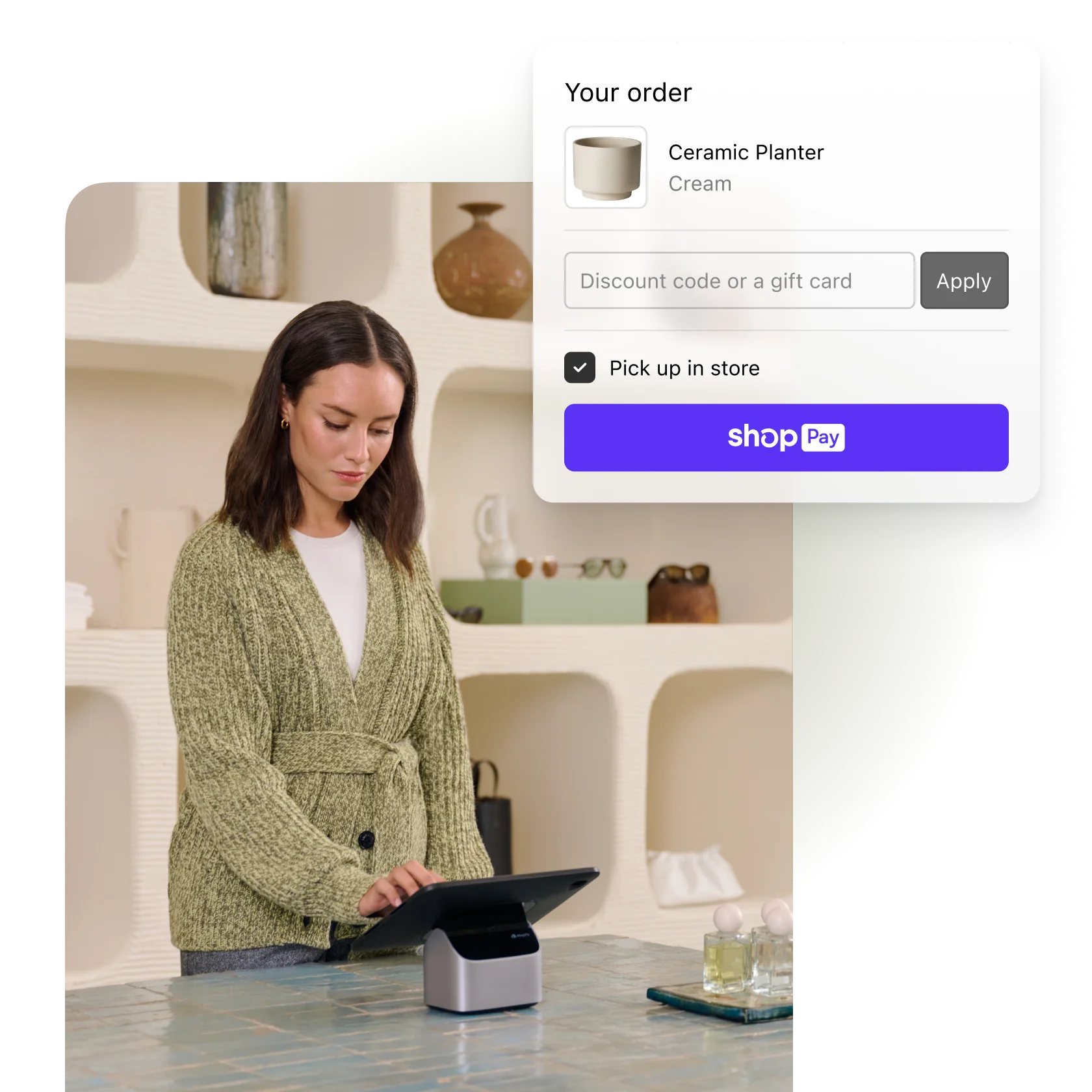 A collage of images, showing a woman using Shopify POS, and an image of a ceramic planter in the Shop Pay checkout flow