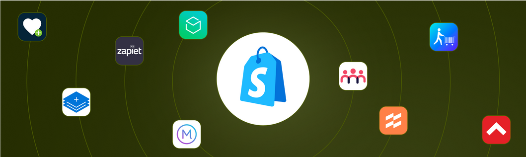 A collection of app icons. In the middle is the Shopify POS logo; around the logo are icons for popular apps: EasyTeam POS Staff Management, Stocky, Marsello, Endear CRM and Clienteling, Wishlist Plus, Dor, ShopFields: POS Custom Fields, Barcodify: Customer Selector, and Zapiet: Pickup and Delivery.