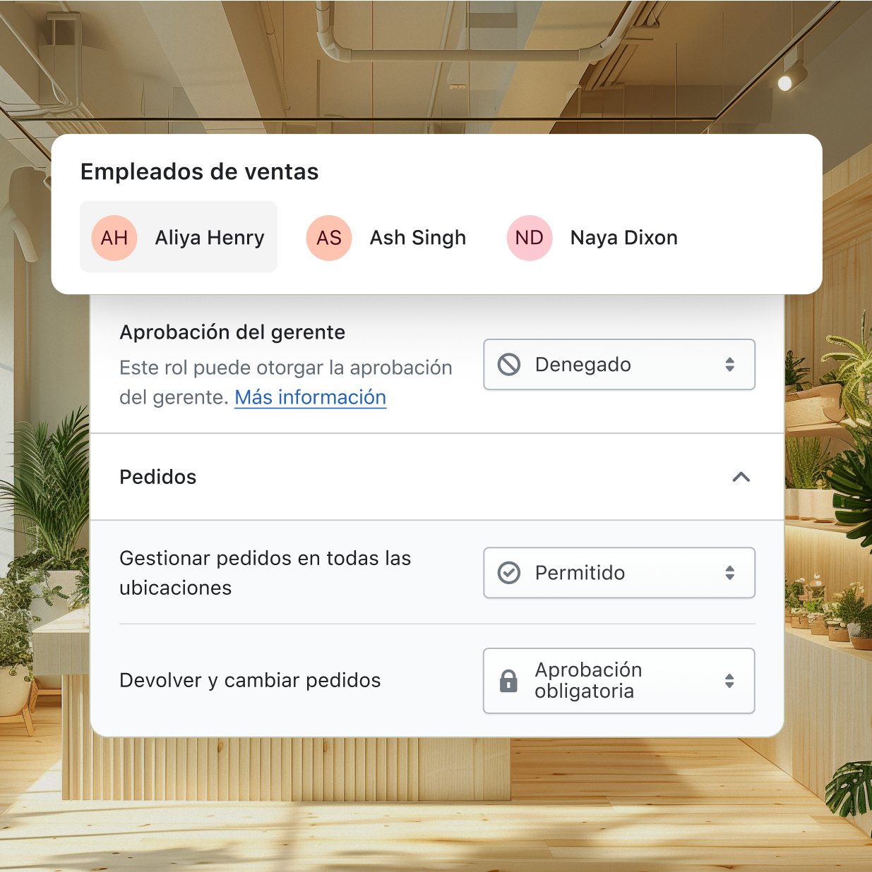 Una pantalla de Shopify que muestra la capacidad de gestionar tanto al personal como a lo que tienen acceso dentro de Shopify POS.