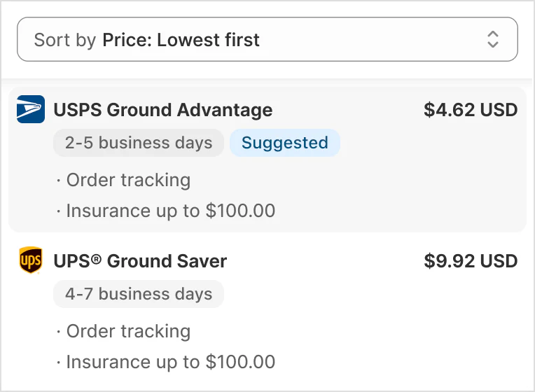 Example of sorting shipping carrier options by price, lowest first with each carrier showing price and delivery estimate by days