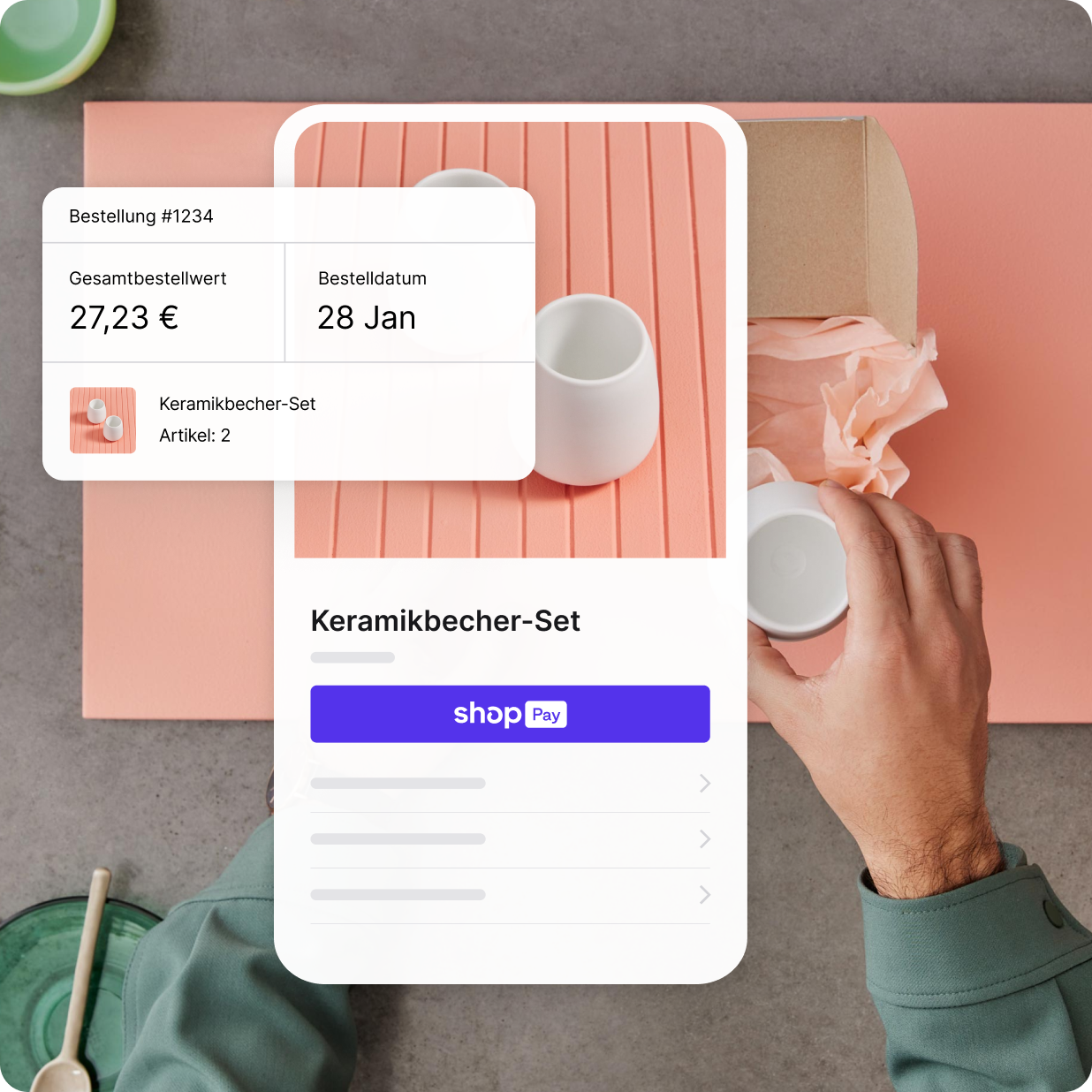 Produktseite mit Keramik-Teetassen und dem mobilen Checkout-Erlebnis mit Shop Pay auf dem Bildschirm