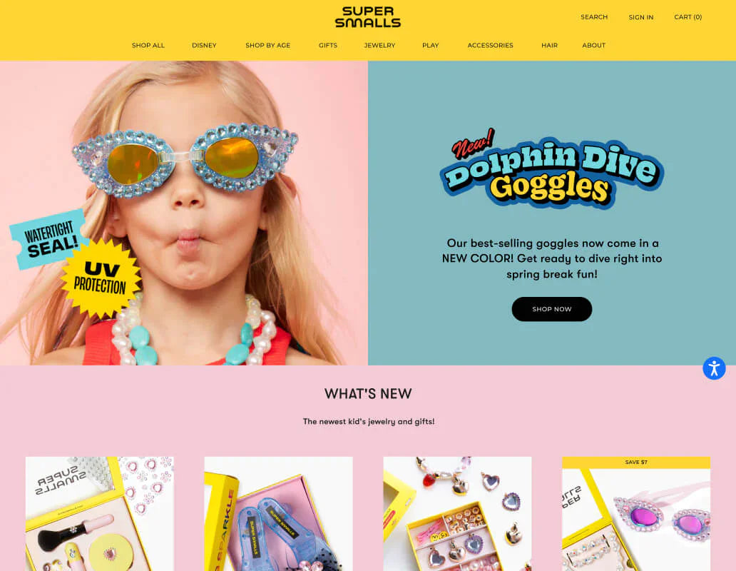 Afbeelding van de website van Super Smalls waarop sieraden voor kinderen worden verkocht