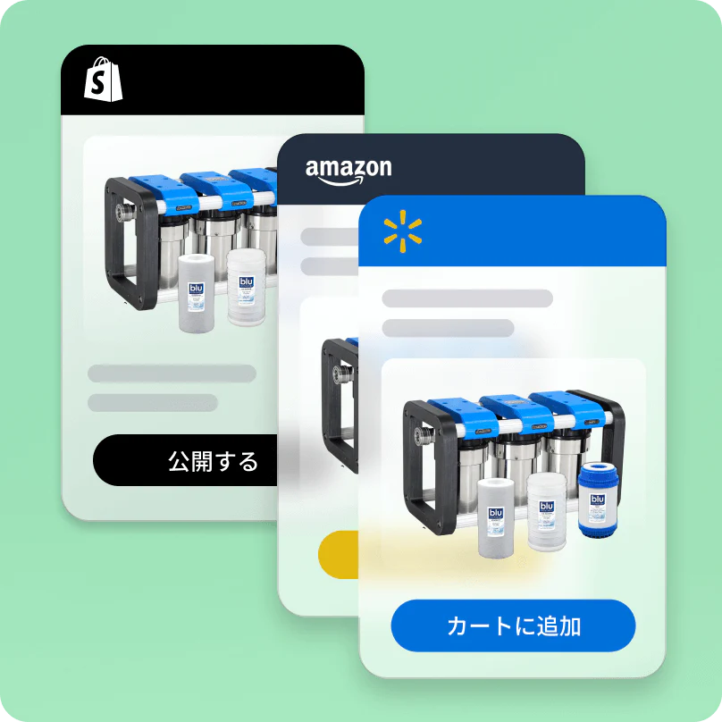 AmazonマーケットプレイスとWalmart Marketplaceに商品を掲載するためにShopify Marketplace Connectを使用しているBlu Technologyの多層モバイルビュー。