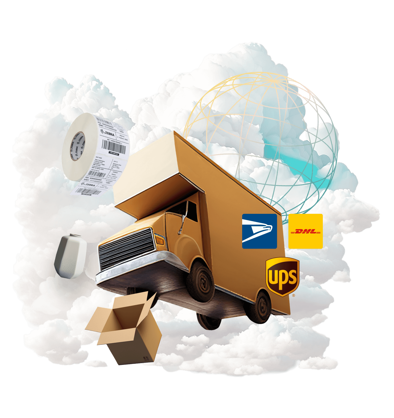 The image features a large truck in a cloud-filled sky, symbolizing the shipping industry. The truck is labeled with various symbols and labels, such as "ups", "usps", and "dhl", representing different shipping services supported in your region. In addition to the truck, there are several clouds in the sky with different objects around them, including a roll of shipping labels, an open box and a vase, representing a product.