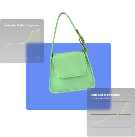 Luxuriöse Damenhandtasche und ein Diagramm das höhere weltweite Verkäufe und mehr Bestellungen insgesamt zeigt