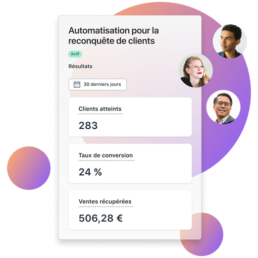 Un tableau de bord affichant les indicateurs de performance du modèle de reconquête de clients montre le nombre de clients atteints, le taux de conversion et les ventes récupérées. L’arrière-plan se compose d’un grand cercle et de deux petits cercles dans un dégradé de violet, tandis qu’à droite au premier plan se trouvent trois petits cercles contenant les portraits d’un homme noir, d’une femme blanche et d’un homme asiatique.