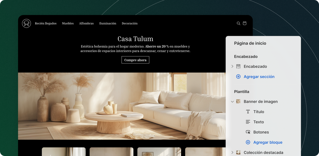 Un sitio web de muebles junto a una ventana del editor de Shopify