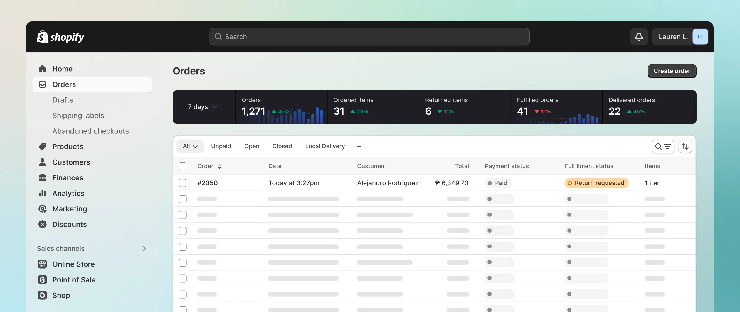 This image displays a computer screen with an order list, filtered by orders with a return request. The screen shows a top bar with analytics that display the quantity of total orders, fulfilled orders, and time to fulfill. Once of the orders is larger in the screen, highlighting the idea that there's a pending return to tend to.