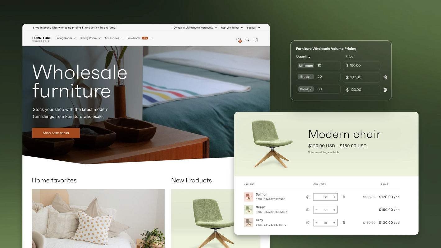 a wholesale furniture ecommerce storefront with an inset showing the shopping experience for a modern chair in green
