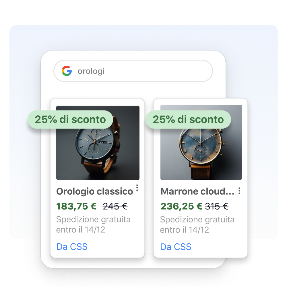 Una finestra con degli orologi trovati cercando su Google, sotto il filtro Shopping. In sovrapposizione a questa finestra si trovano dei riquadri con due orologi in vendita.