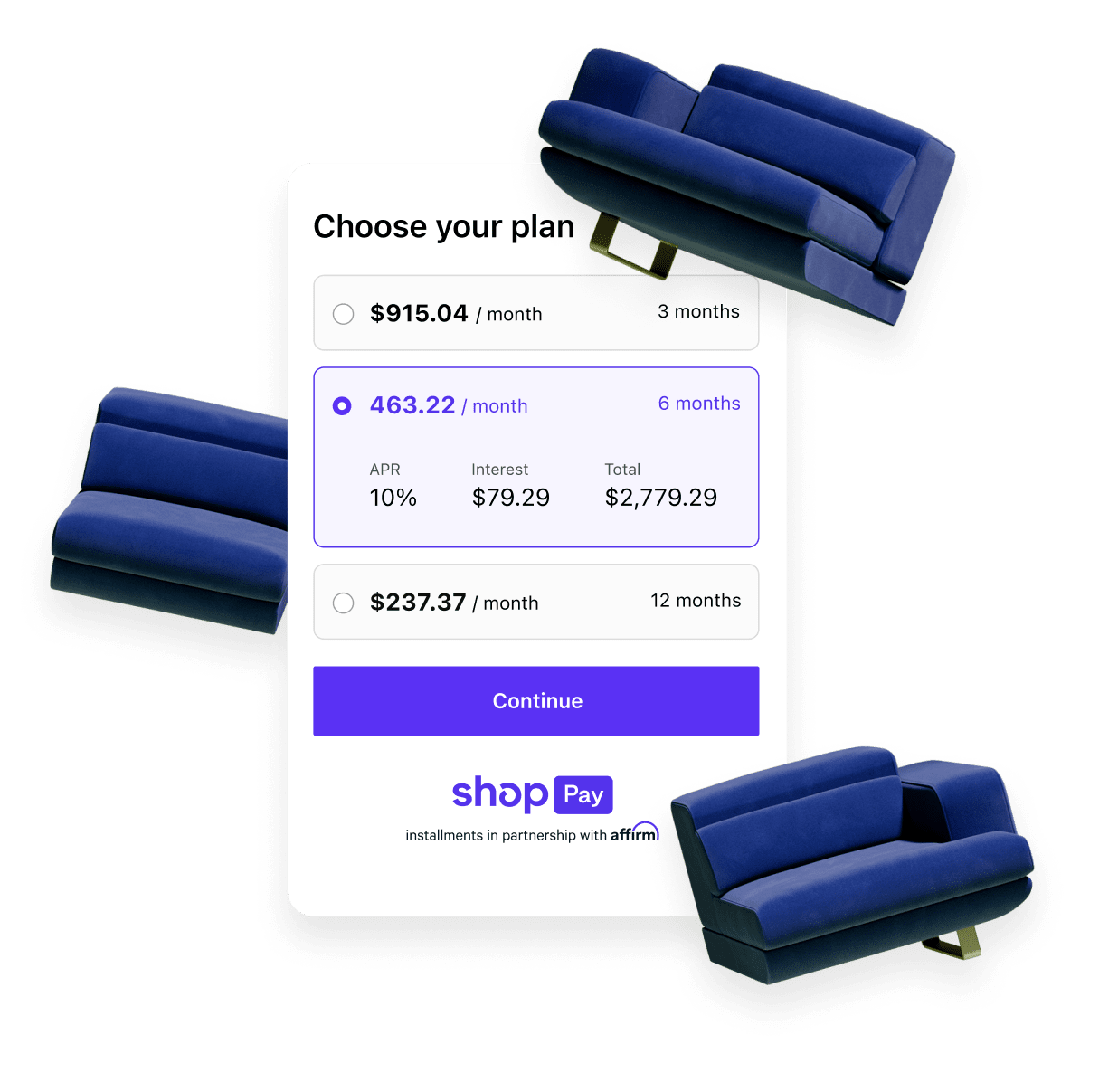 Shop Pay mobile checkout of a large sectional, splitting the purchase into installments with Shop Pay Installments.