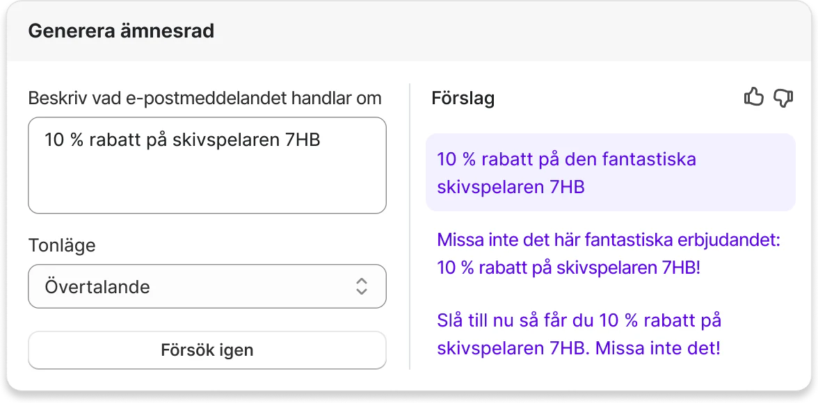 Popup-fönstret Shopify Magic genererar en brödtext för ett mejl om en skivspelare med hjälp av AI.