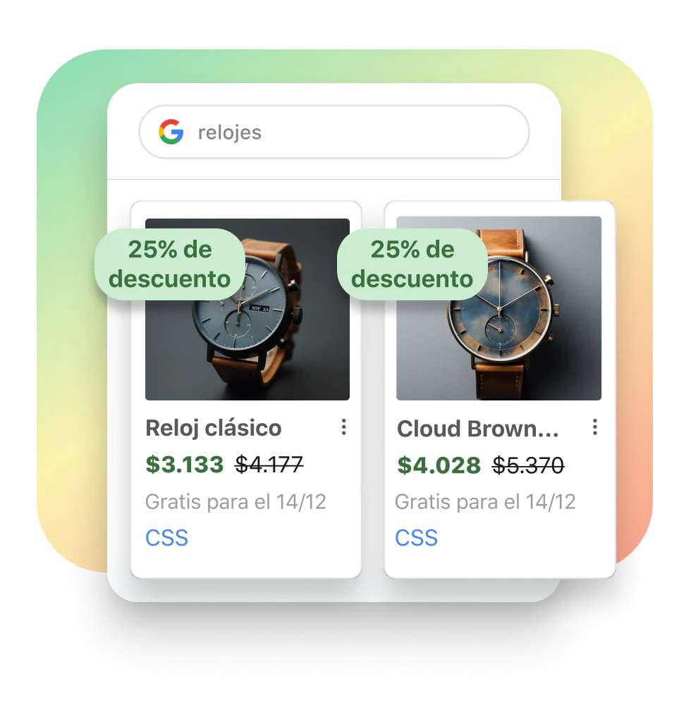 Una ventana de resultados de búsqueda de relojes en Google, bajo el filtro de compras. En la ventana de resultados de búsqueda se superponen recuadros de productos que muestran dos relojes en oferta.