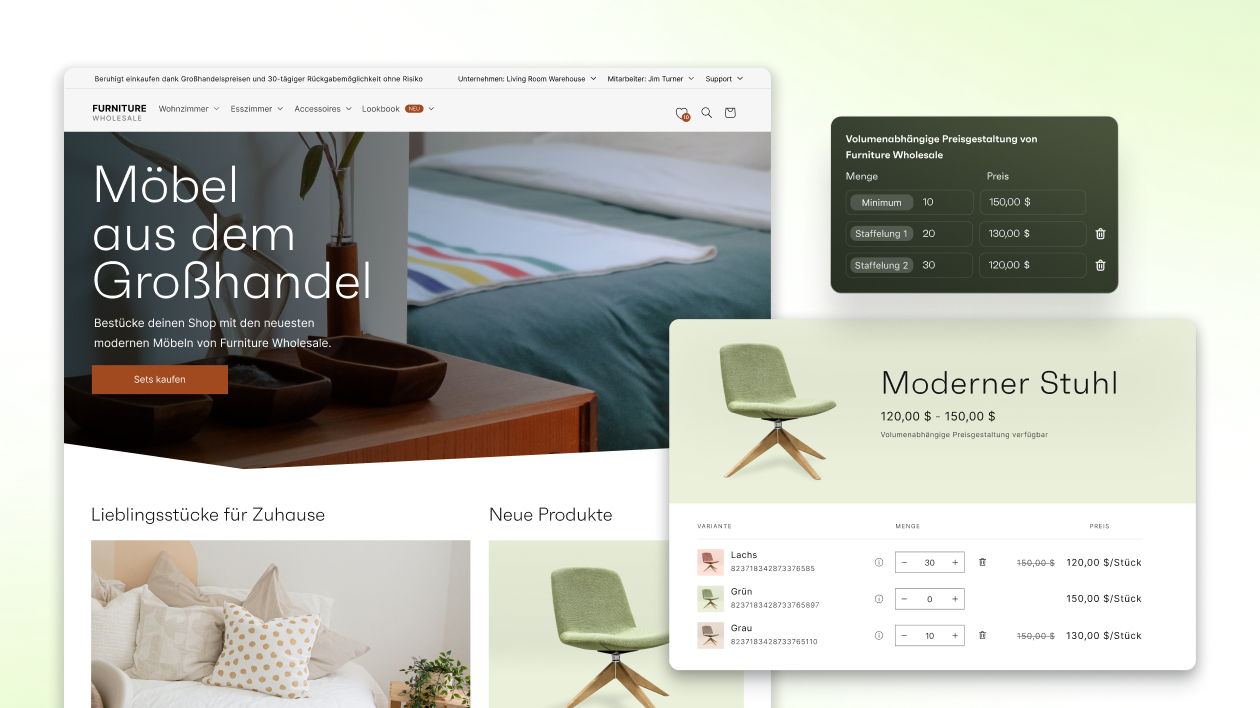 Eine E-Commerce-Storefront eines Möbelgroßhandels mit einer Einblendung, die das Einkaufserlebnis für einen modernen Stuhl in Grün zeigt