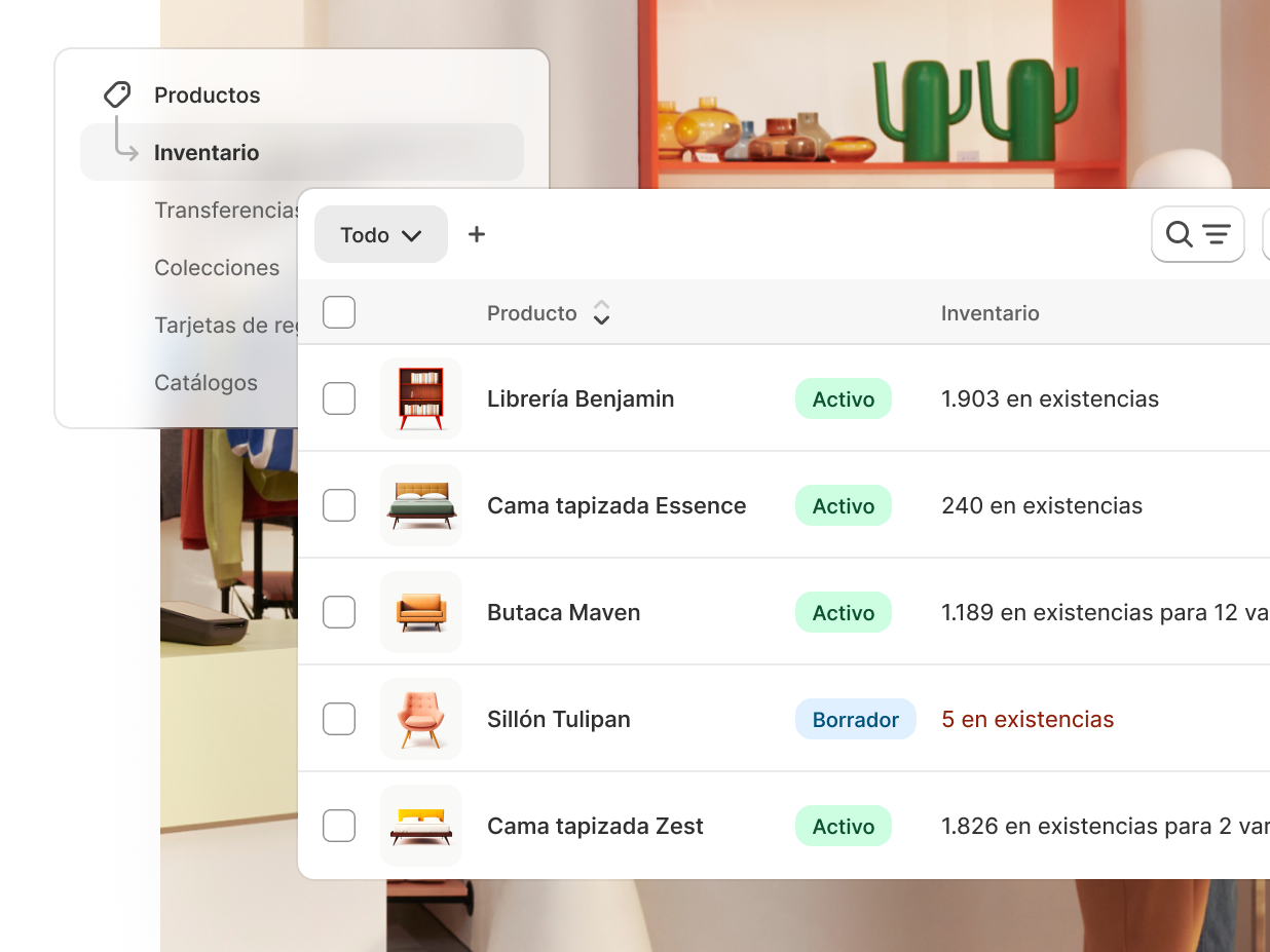 Una pantalla del panel de control de Shopify en la que se muestran los niveles de inventario para múltiples SKU.