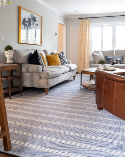 Living room with blue rug with white stripes