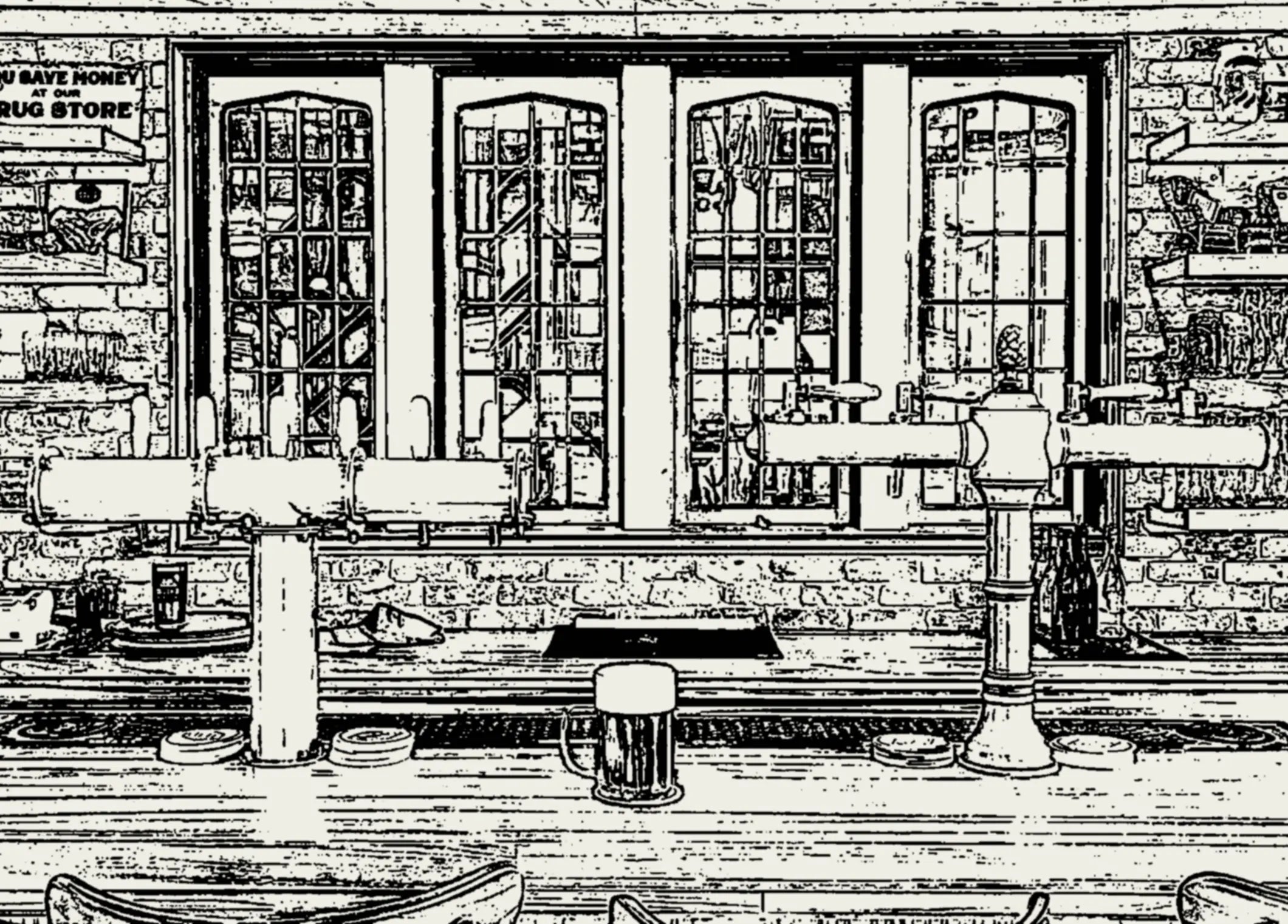A black and white sketch of the True History taproom