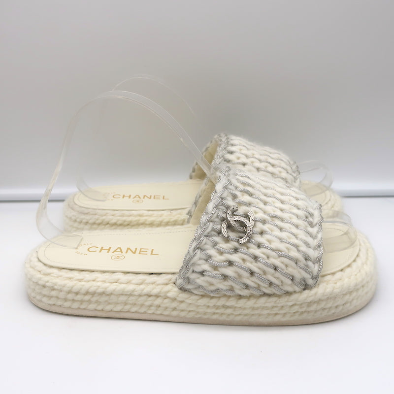 Chanel 22C Braided Knit Slides Cream/Silver Size 37C Flatform Sandals