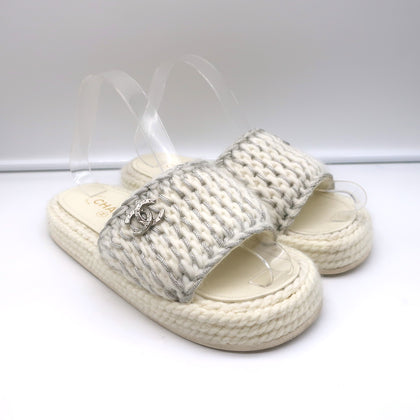 Chanel 22C Braided Knit Slides Cream/Silver Size 37C Flatform