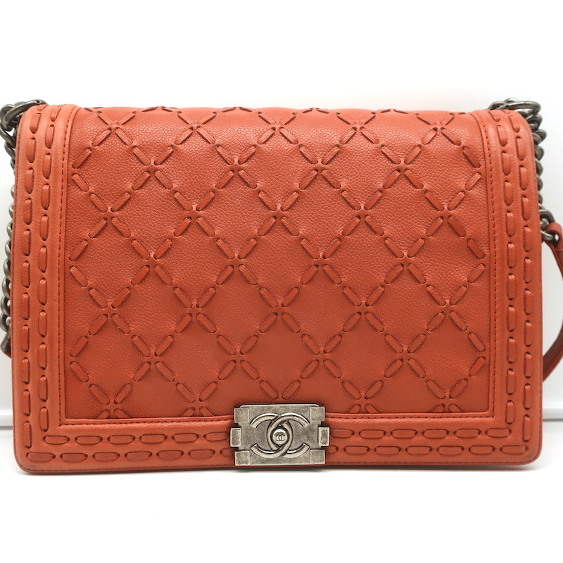 Chanel 2014 Paris-Dallas XL Boy Bag Orange Whipstitch Leather