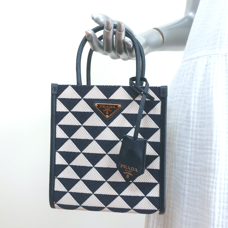 Prada Symbole Mini Tote Baltic Blue/White Embroidered Jacquard Crossbody Bag New