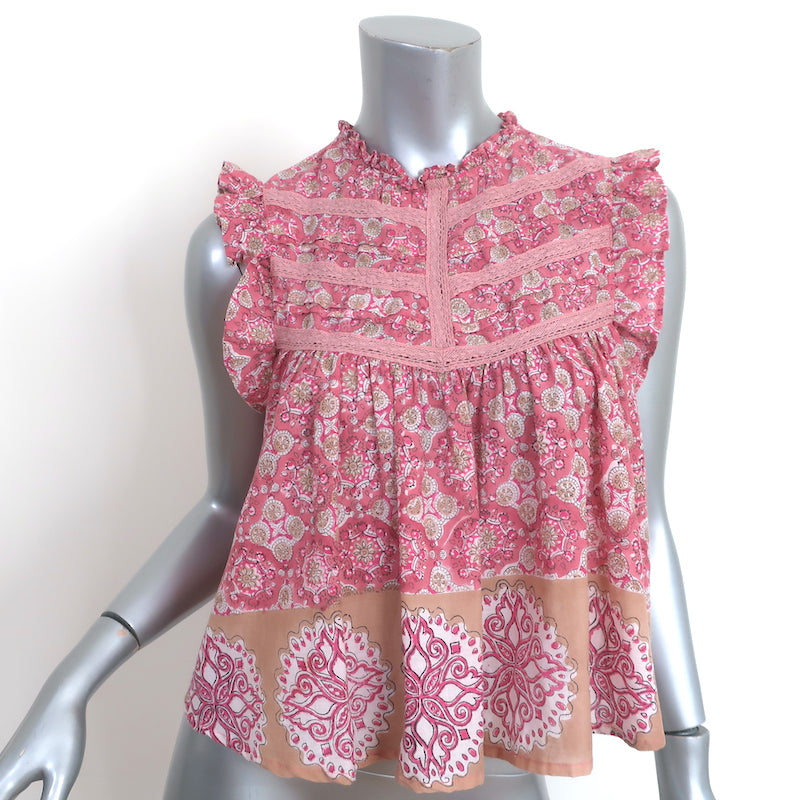 Image of Bell Ruffle Top Pink Printed Cotton Size Small Sleeveless Blouse