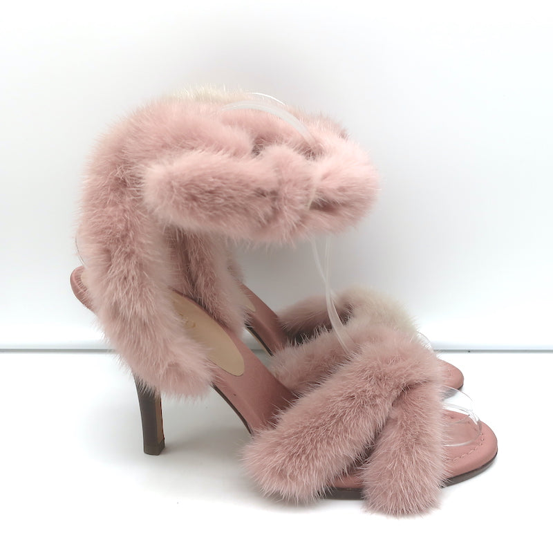 Valentino Garavani Mink Fur & Leather Ankle-Strap Flat Sandals on SALE