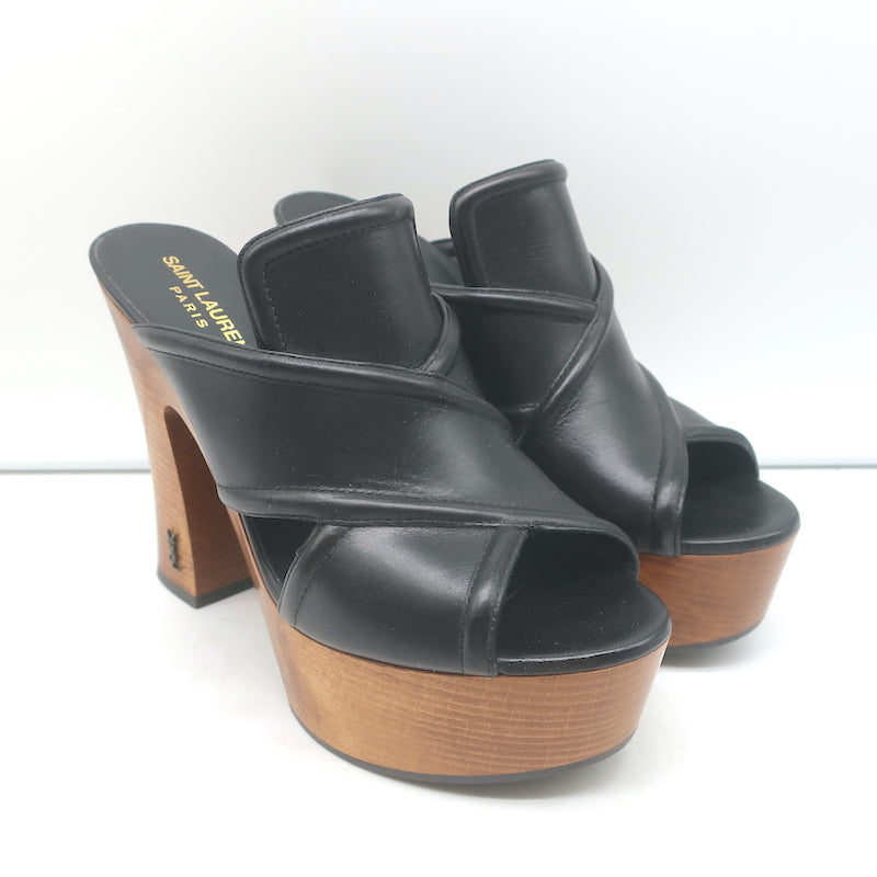 image of Saint Laurent Crisscross Platform Clog Sandals Black Leather Size 37