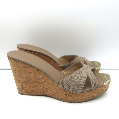 Jimmy Choo Perfume Cork Platform Wedge Sandals Taupe Embossed