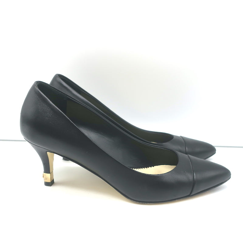 Chanel CC Gold-Tipped Heel Cap Toe Pumps Black Leather Size 37.5