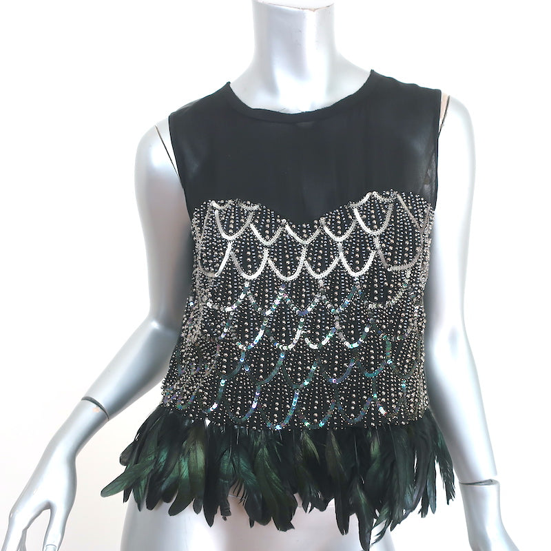 image of Nicole Miller Beaded Feather Top Black Leather & Silk Size Small