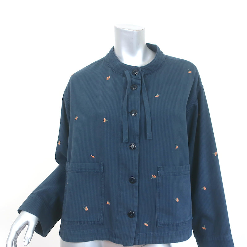 Image of THE GREAT Jacket Navy Floral-Embroidered Cotton Size 0