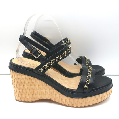 Chanel Black Quilted Leather Logo Wedge Ankle Strap Sandals