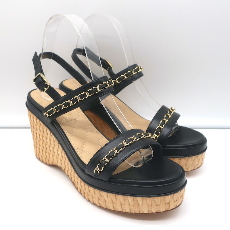 20C CC Chain Wicker Platform Wedge Sandals Black Leather Size 3 – Celebrity Owned