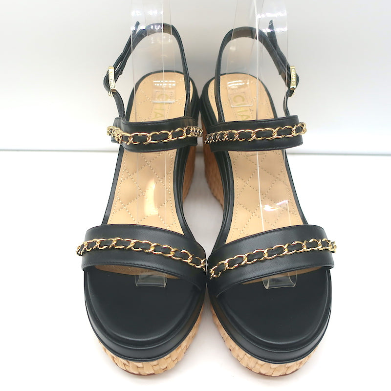 AUTHENTIC CHANEL SANDALS SHOES OPEN TOE BLACK & WHITE WEDGE HEEL SIZE 38/8B  MINT 