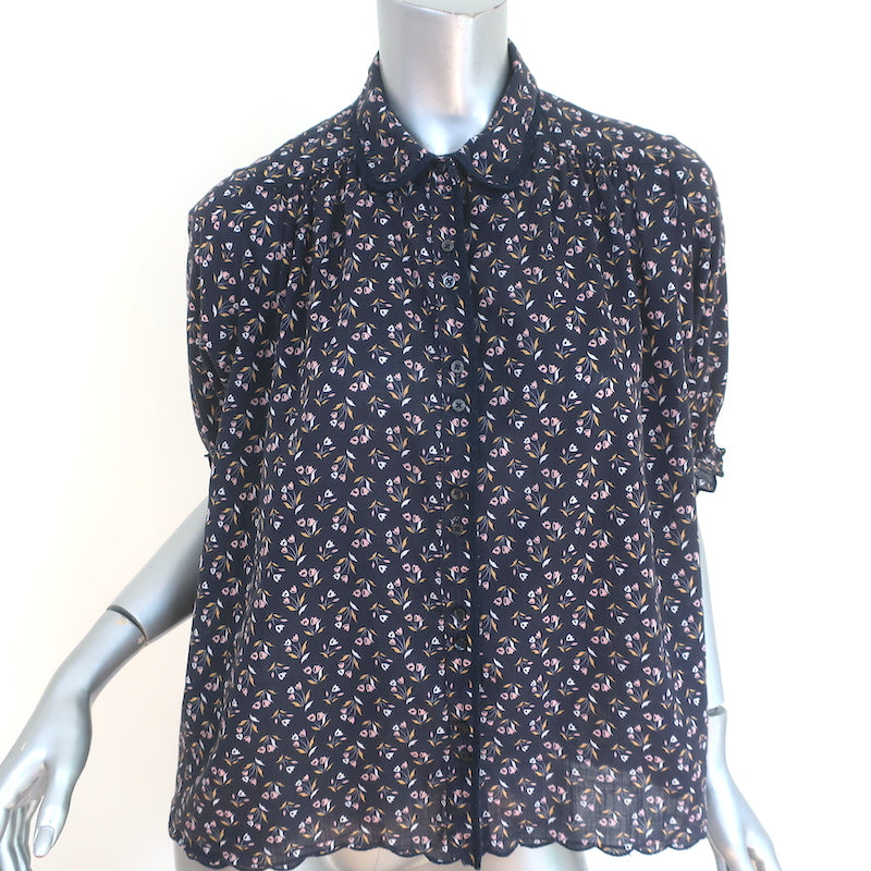 Image of THE GREAT Button Down Top Charcoal Floral Print Scalloped Cotton Size 0