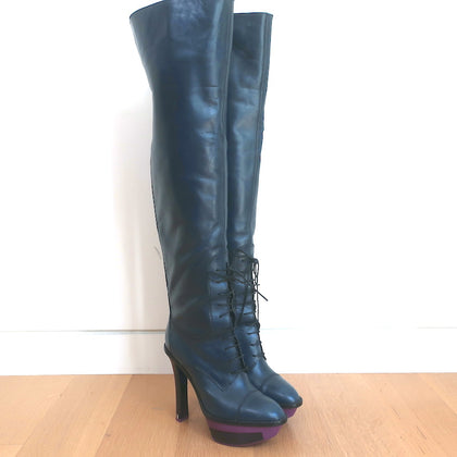 Louis Vuitton Lace-Up Thigh High Platform Boots Navy Leather Size 39