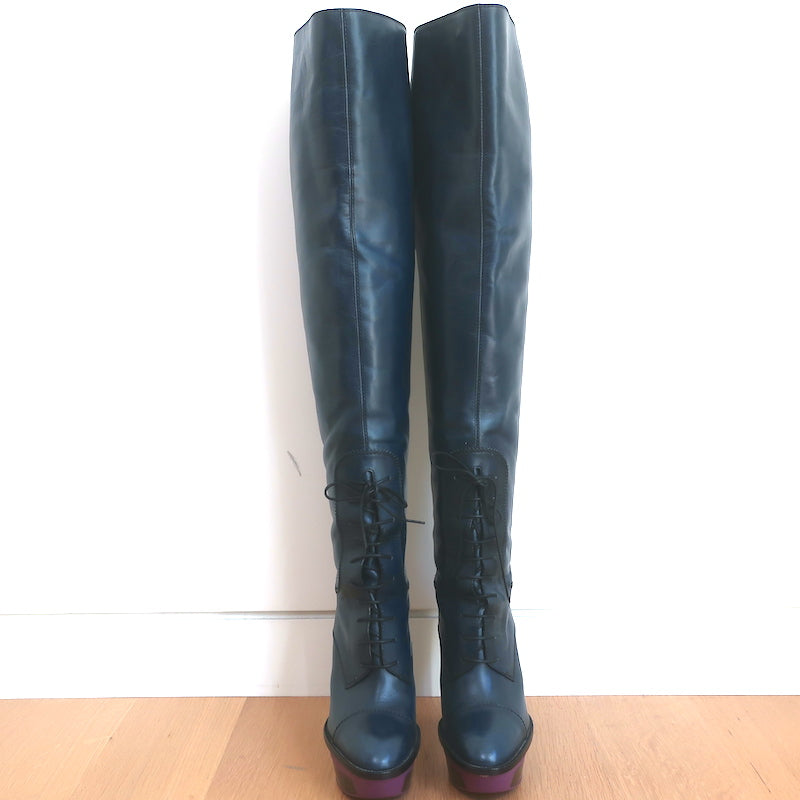 Louis Vuitton Lace-Up Thigh High Platform Boots Navy Leather Size 39