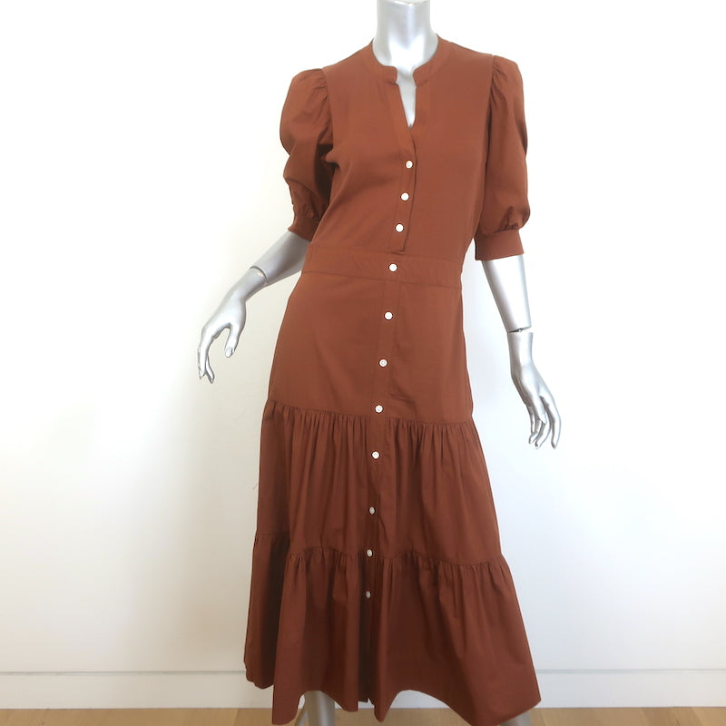 image of Veronica Beard Davenport Tiered Midi Dress Brown Stretch Cotton Size Small