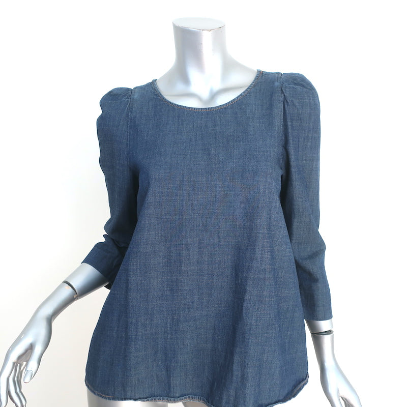 image of THE GREAT Denim Puff Sleeve Top Blue Cotton Size 0