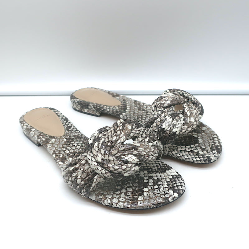 image of Alexandre Birman Vicky Knotted Flat Slide Sandals Gray Snakeskin Size 38.5