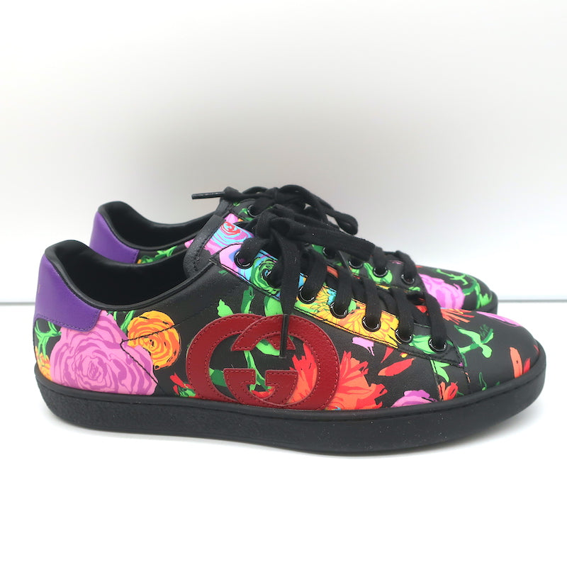 Gucci Ken Scott Ace Sneakers Black Floral Print Leather Size 38