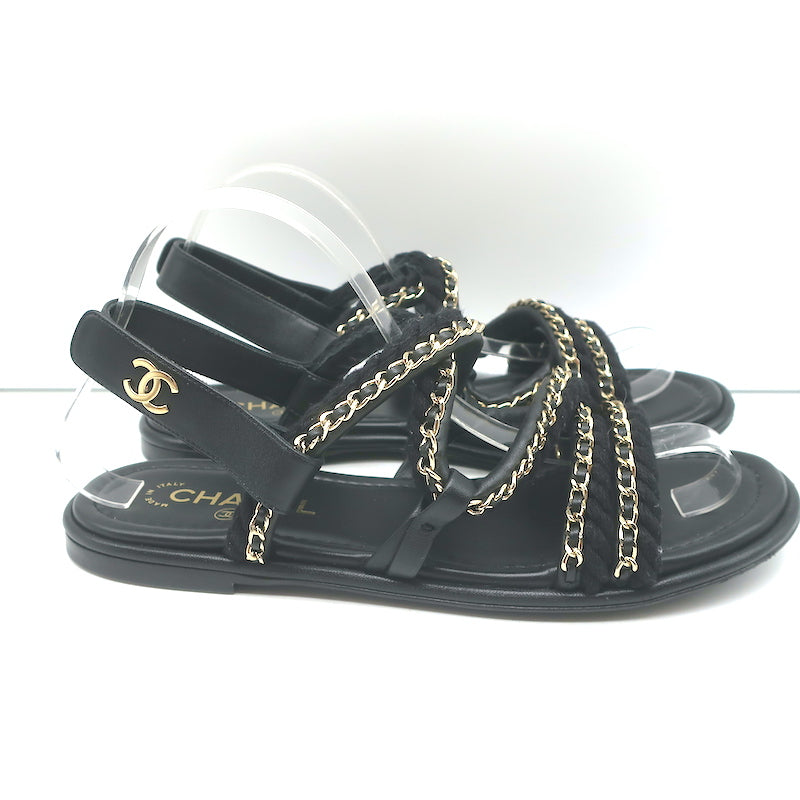 Chanel 22P Cord Chain Flat Slingback Sandals Black Leather Size 39.5