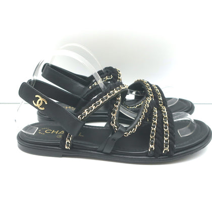 Chanel 22P Cord Chain Flat Slingback Sandals Black Leather Size