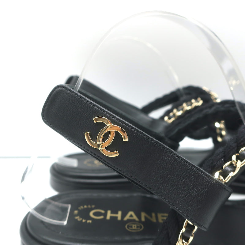 Chanel 22P Cord Chain Flat Slingback Sandals Black Leather Size 39.5