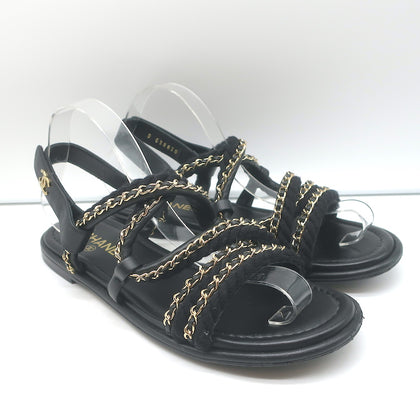 Authentic Beautiful Chanel CC Embroidered Quilted Sandals Black Leather  Size 36