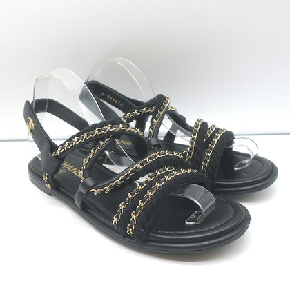 Chanel 22P Cord Chain Flat Slingback Sandals Black Leather Size