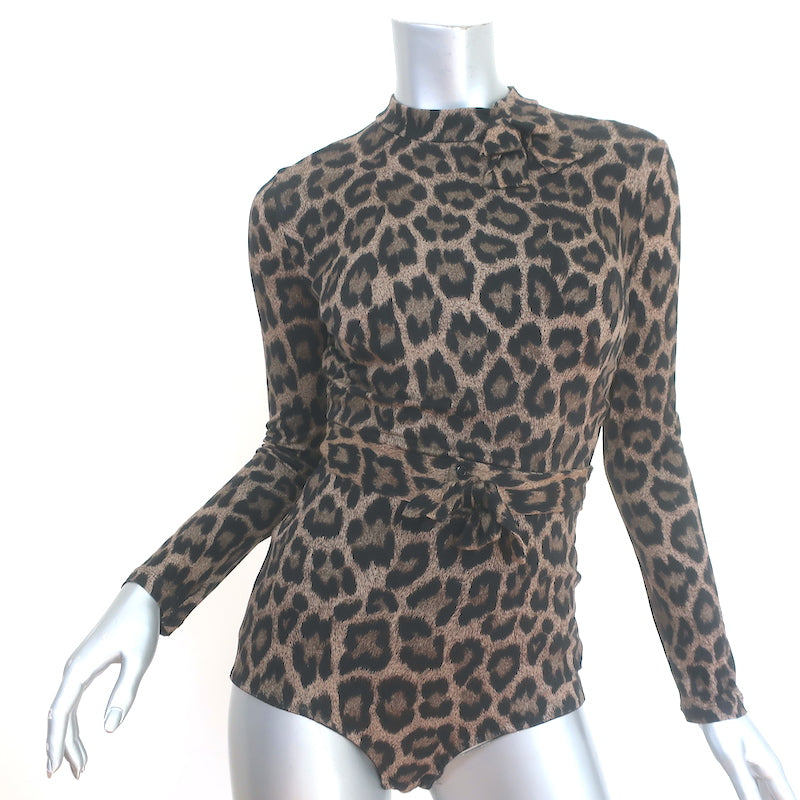 image of Agent Provocateur Iona Leopard Print Bodysuit Brown Size Medium Long Sleeve Top